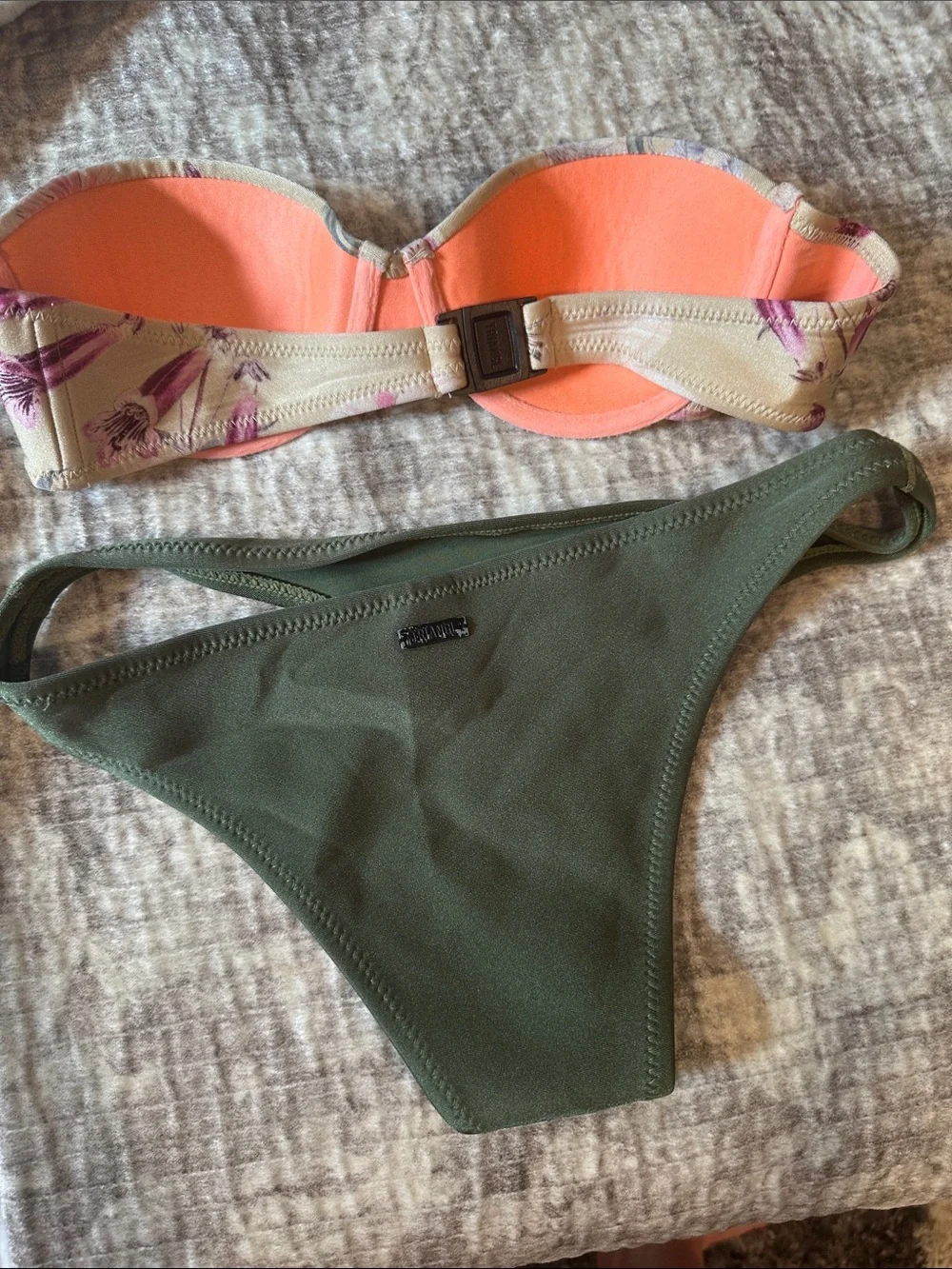 triangl swimwear Floral Strapless Bikini Top with Olive Green Bottoms